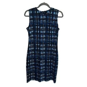J. McLaughlin Blue Plaid Sheath Dress Size Small Scuba Knit Preppy Trad Wife